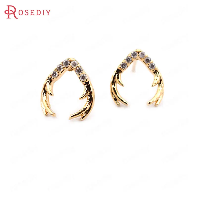 

(33725)6PCS Antlers 9.5*8.5MM 24K Gold Color Brass Zircon Antlers Stud Earrings Pins High Quality Jewelry Findings Accessories