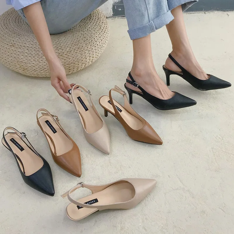 

Women Pump Pointed Toe Sandals Slingbacks High Heels Dress Shoes Pointed Toe sandalias mujer Summer 3cm 7cm Ol Office Lady Fall