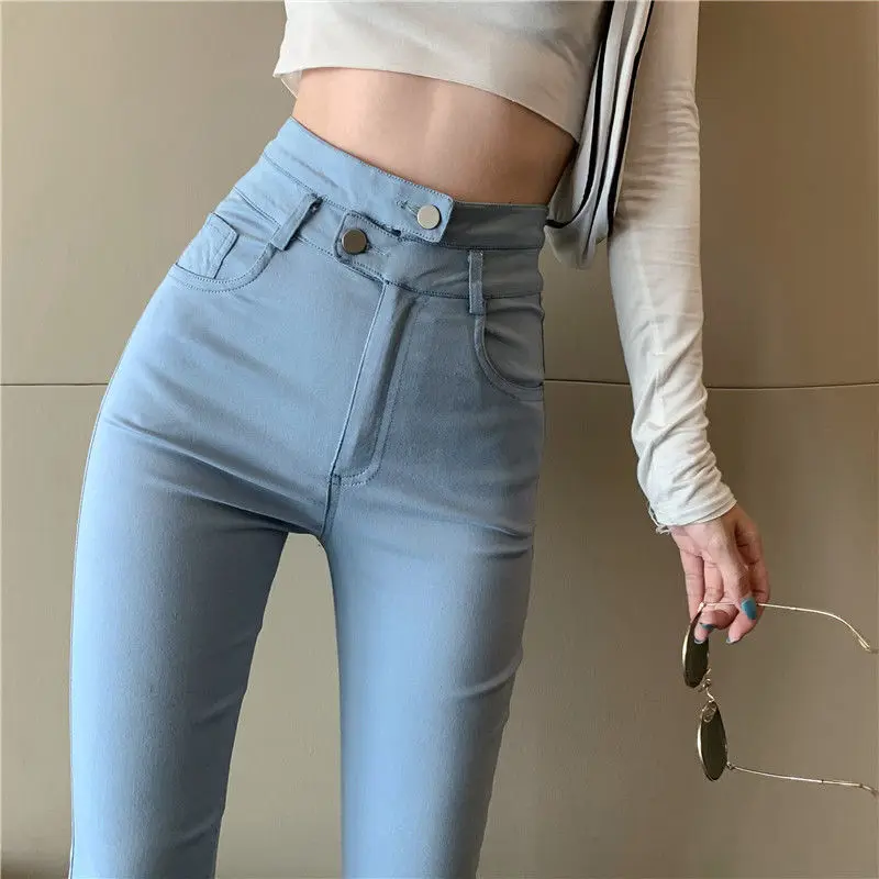 

Женские джинсы с высокой талией, облегающие джинсовые брюки-карандаш в стиле ретро голубого цвета, 2021