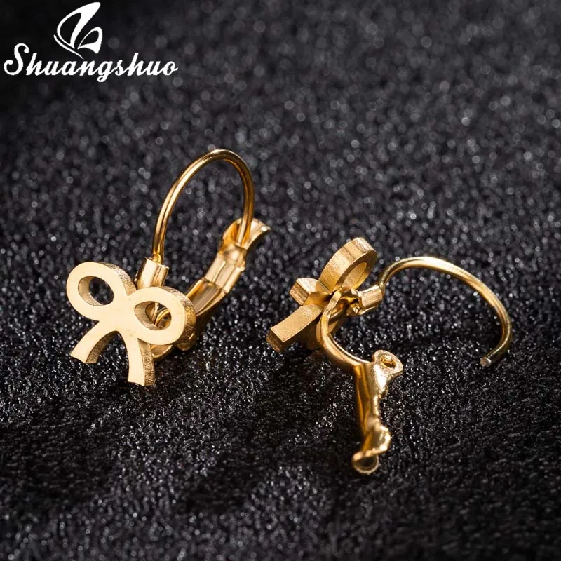 Shuangshuo Cute Tiny Bow Earrings 2019 Jewelry for Women Mini Stainless Steel Knot Stud Best Gifts Girlfriend | Украшения и