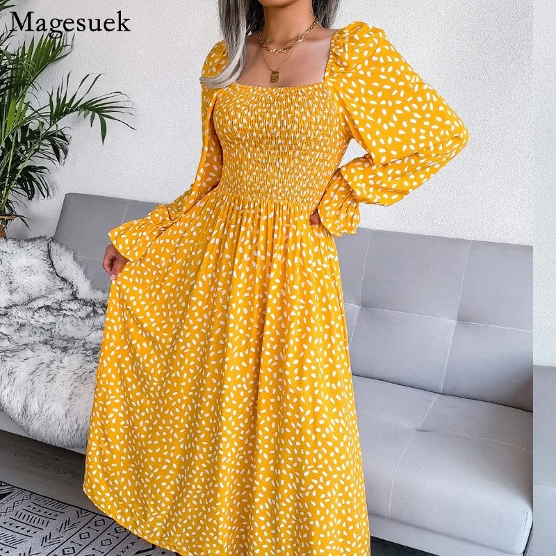 

Женское шифоновое платье с цветочным принтом, элегантное богемное платье с квадратным вырезом и рукавами-фонариками, лето 18123