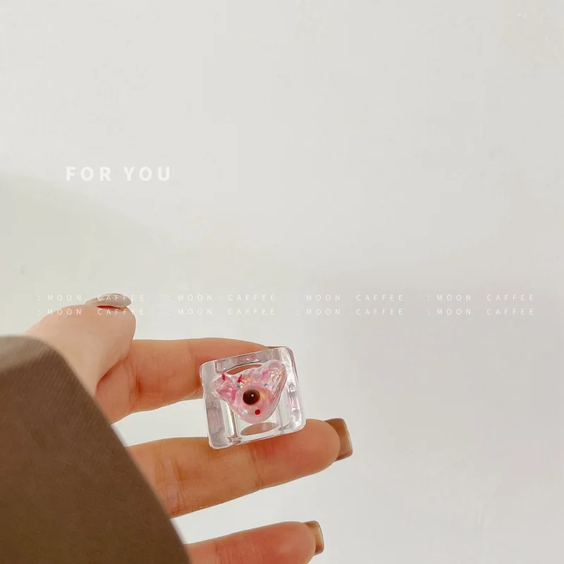 

New Korean Lovely Transparent Bear Simple Acrylic Resin Geometric Square Ring for Women Girls Party Jewelry Maiden Gifts Rings