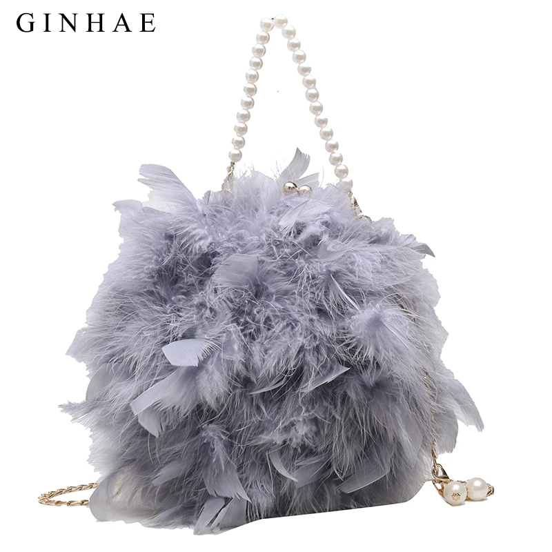 

Luxury Feather Women Handbag Brand Designer Small Circular Bag Chain Shoulder Crossbody Bags For Women Evening Party Clutch Bags