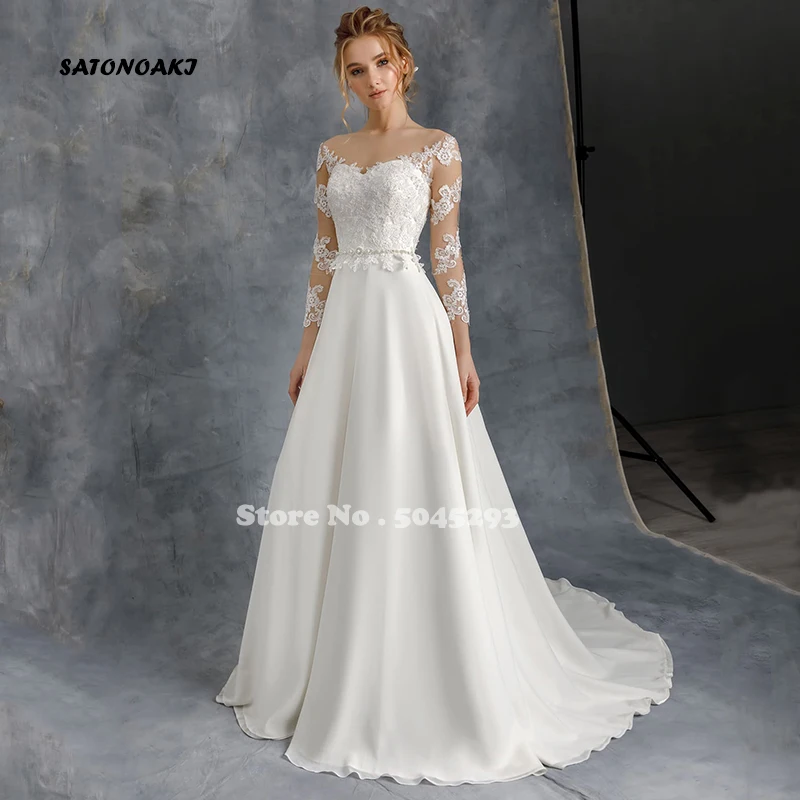 

Vestido De Novia A-Line 3/4 Sleeve Wedding Dress 2022 Sheer O-Neck Lace Appliques Sweep Train Chiffon Long Bridal Gown Mariée