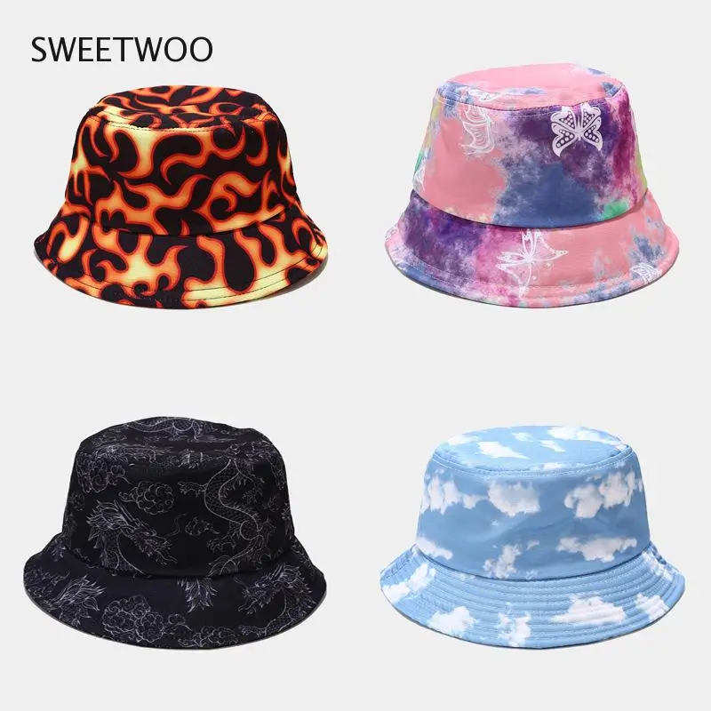 Tie dye Bucket Hats Women Butterfly Fire Cloud Print Fisherman Caps for Men and Women Spring Outdoor Sun Hat