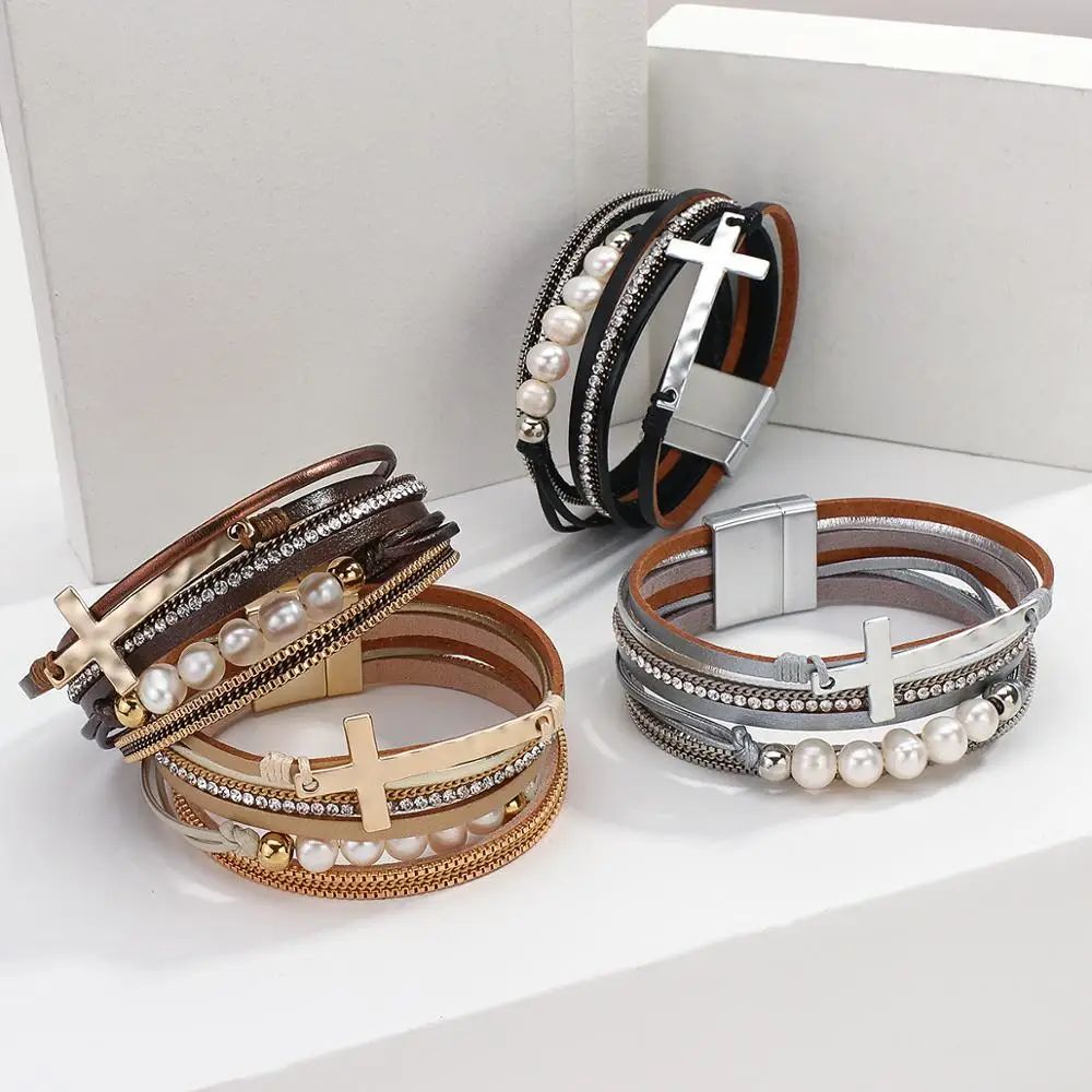 

Amorcome 2021 New Trendy Baroque Imitation Pearls Metal Cross Charm Leather Bracelets for Women Multilayer Wrap Bracelet Bijoux