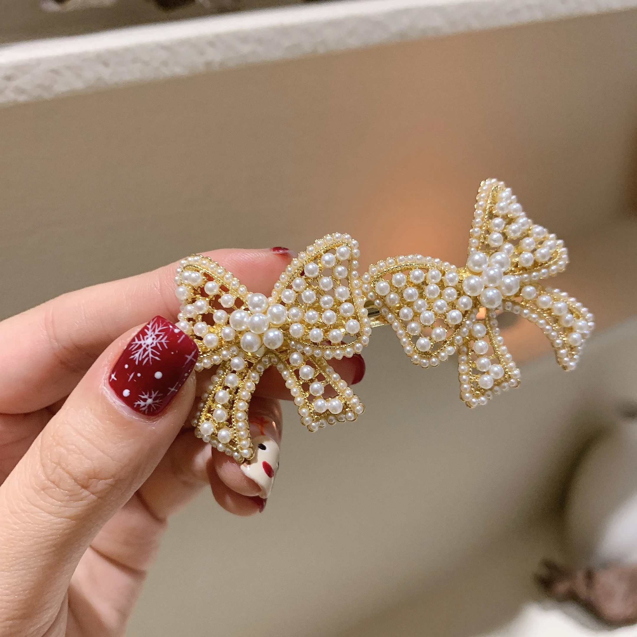 

TT Double Bow Clip Headdress Pearl Girls' Hairpin Internet-Famous and Vintage Duckbilled Hair Accessories Women