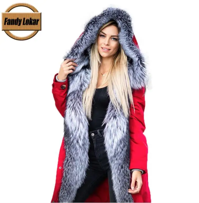 FLFP10281 red silver Fandy lokar женская зимняя водонепроницаемая куртка из натурального Лисьего меха с капюшоном из натурального кроличьего меха, женская меховая куртка с подкладкой - Цвет: FLFP10281 red silver