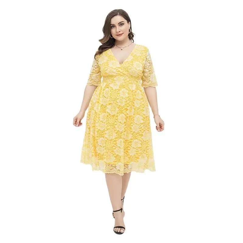 Summer Womens Yellow Floral Lace Dress Elegant Sexy V-Neck Three Quarter Sleeve Party Cocktail Dresses XL-4XL