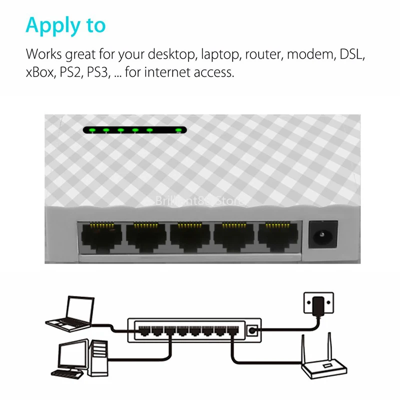 

New5 Port Gigabit Switch, Fast Desktop Network Switching Hub Bypass, RJ45 LAN, 10/100 / 1000Mbps, with American Power Adapter,