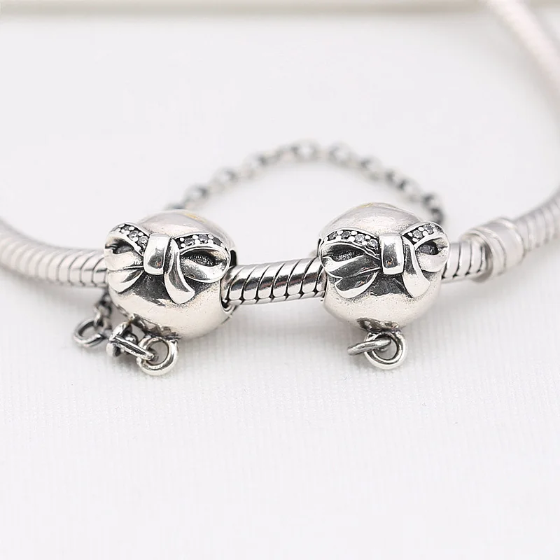 

100% 925 Sterling Silver Beautiful Bow Safety Chain Fit Pandora Women Bracelet & Necklace Diy Jewelry