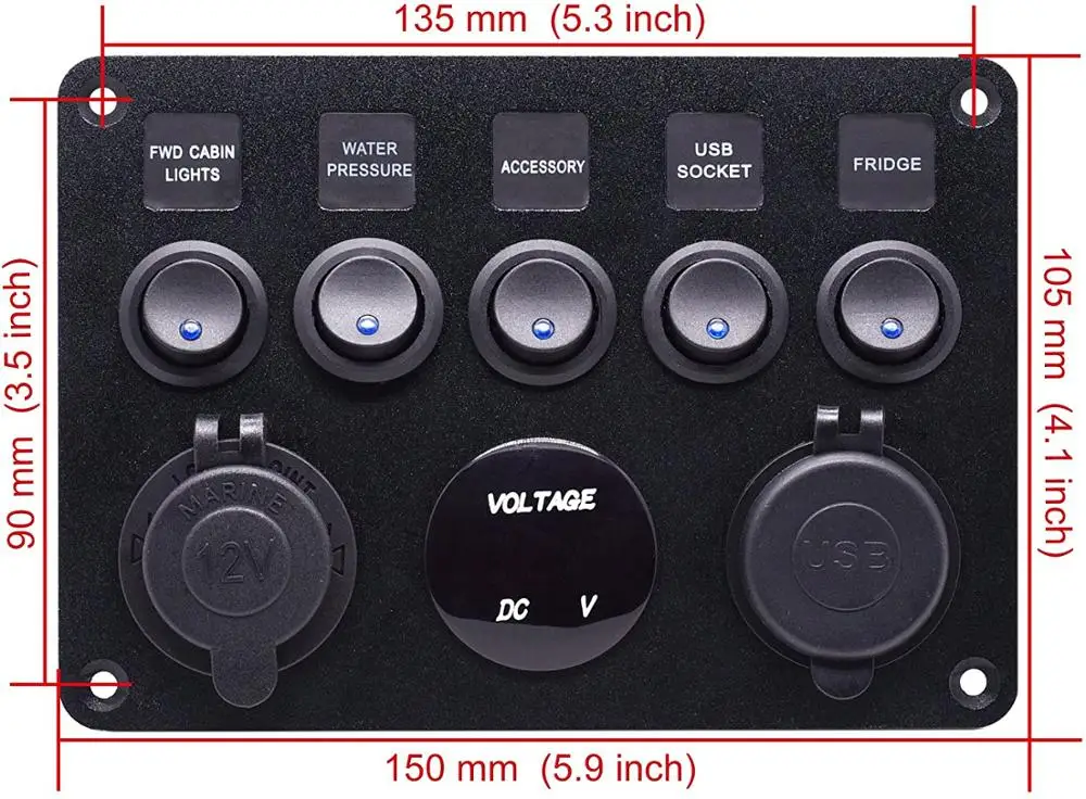 

Dual USB Socket Charger 2.1A&2.1A + LED Voltmeter + 12V Power Outlet + 5 Gang ON-Off Toggle Switch Multi-Functions Panel for Car