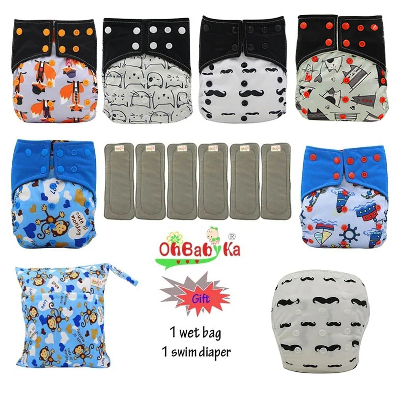 82 OhBabyKa тканевые подгузники Couche Lavable Bamboo угольный подгузники многоразовые детские подгузники AI2 с карманами+ 6 подгузников - Цвет: 82