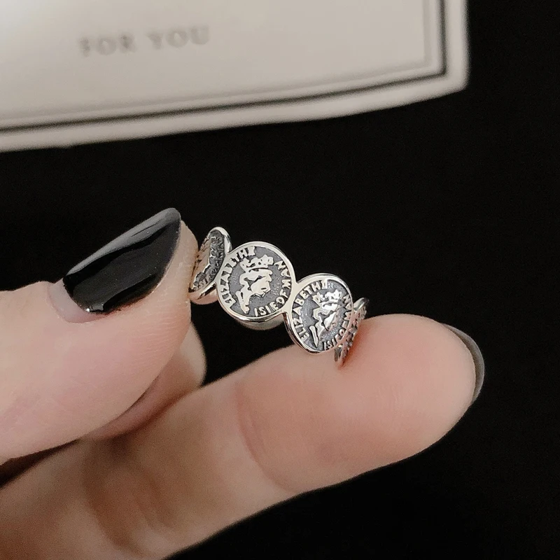 

Kine 925 Sterling Silver Rings For Women Vintage Coin Queen Thai Silver Rings Personality punk Rock Fine Jewelry