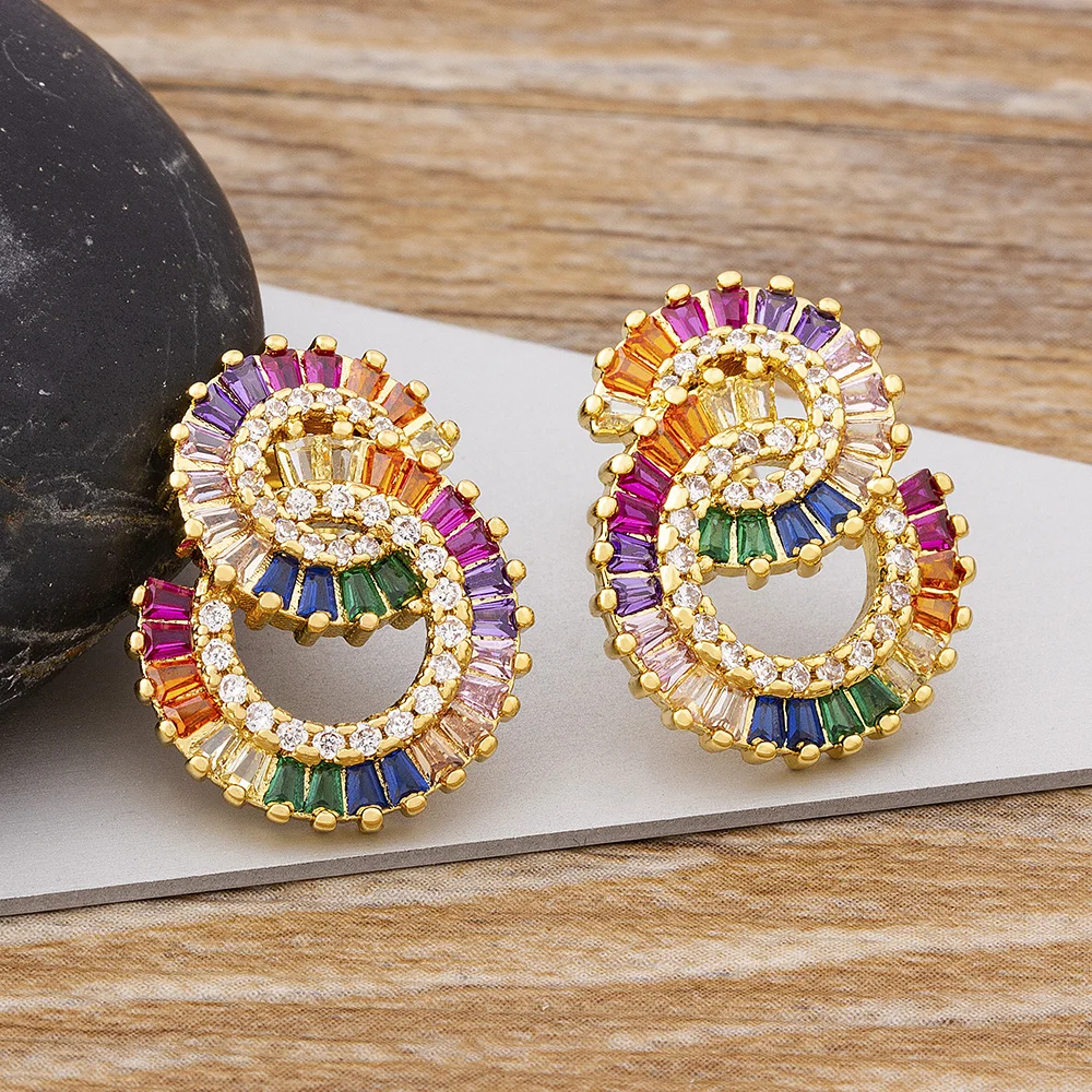 

AIBEF Rainbow Cubic Zirconia Circle Stud Earrings Simple Party Round Geometric Fashion Earrings For Women Bohemian Fine Jewelry