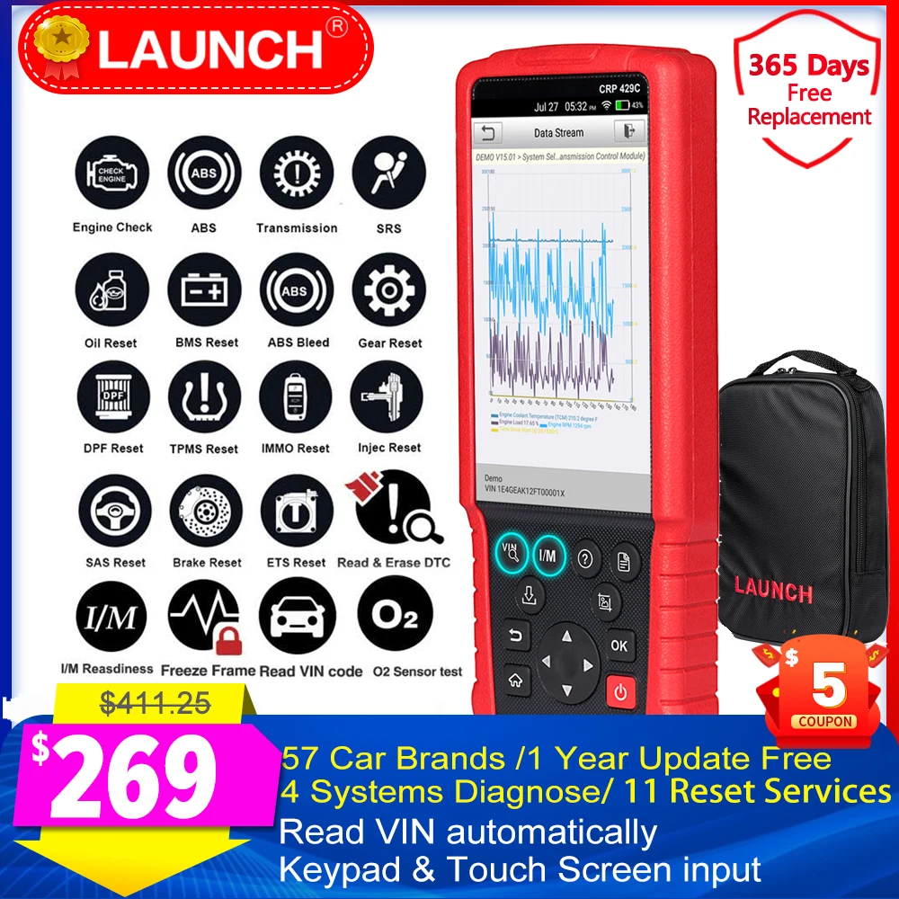 LAUNCH X431 CRP429C OBD2 диагностические инструменты launch CRP429 для двигателя/AT/ABS/сканер