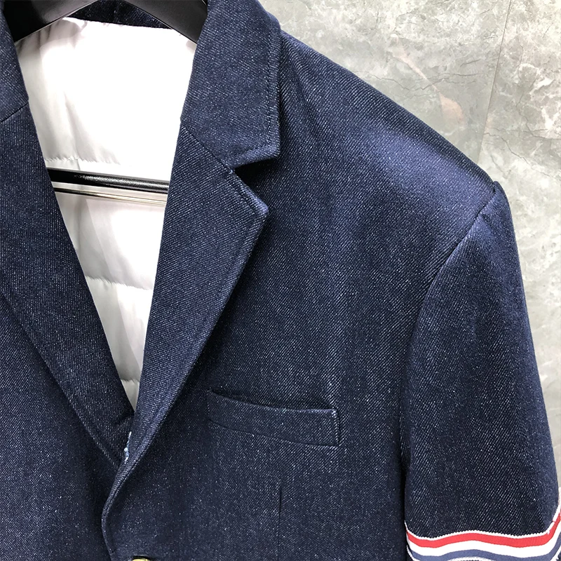TB THOM Men's Winter Jacket Down Jacket Fashion Brand Denim Coat RWB Armband Stripe Down Cowboy Suit Wholesale Denim Blazer