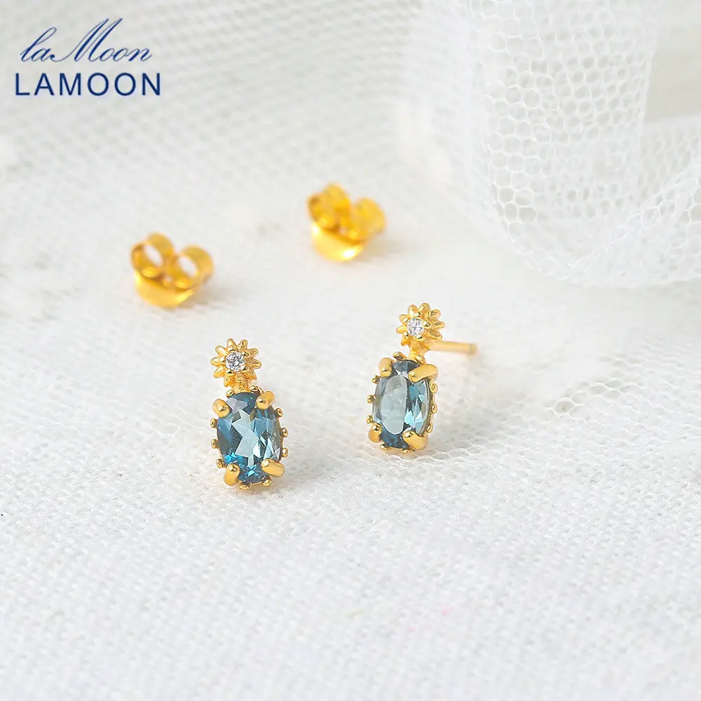 LAMOON Vingtate 925 Silver Stud Earrings For Women Natural London Blue Topaz Mini Earring 14K Gold Plated Fine Jewelry LMEI127 | Украшения