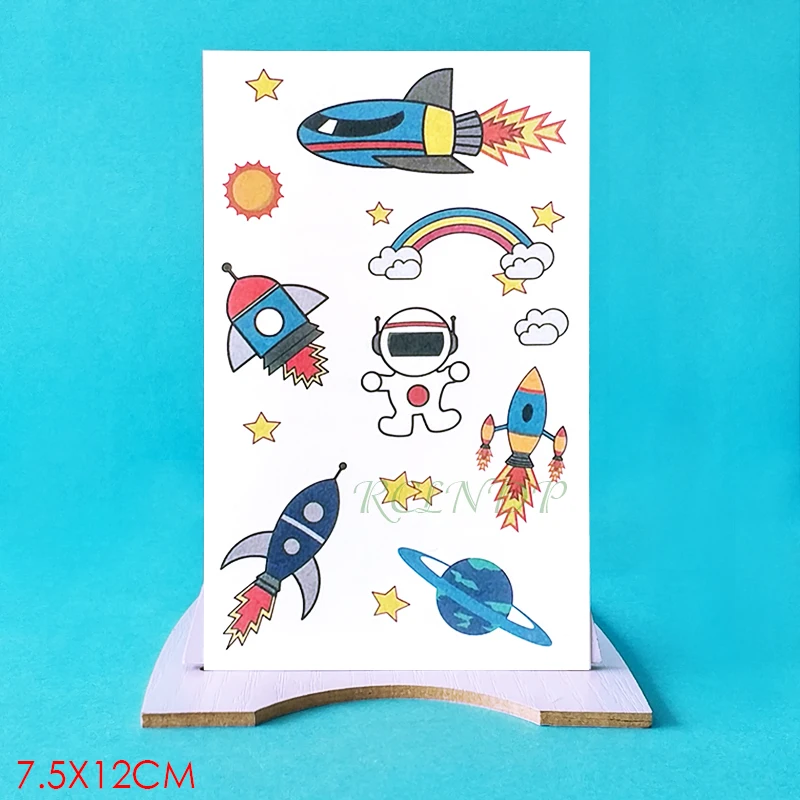 Водонепроницаемая Временная тату наклейка Солнечная ракета космонавт радуга