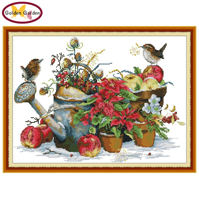 

GG Flower Pot&Birds Counted Animal Cross Stitch Patterns 11CT 14CT Joy Sunday Chinese Cross Stitch Kit for Embroidery Home Decor