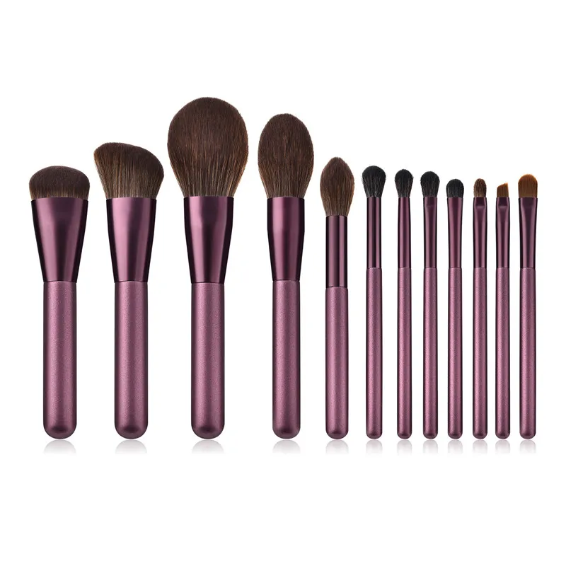 12Pcs Makeup Brushes set Purple Wood Handle Foundation Powder Blending Brush Flame Blush Concealer Brush Cosmetic Tools