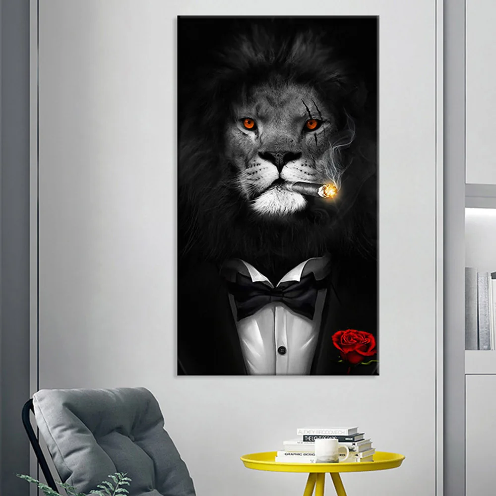 

Smoking Lion Canvas Painting Business Suit Gentleman Animal Print Poster Living Room Wall Art Pictures Home Decoration No Frame