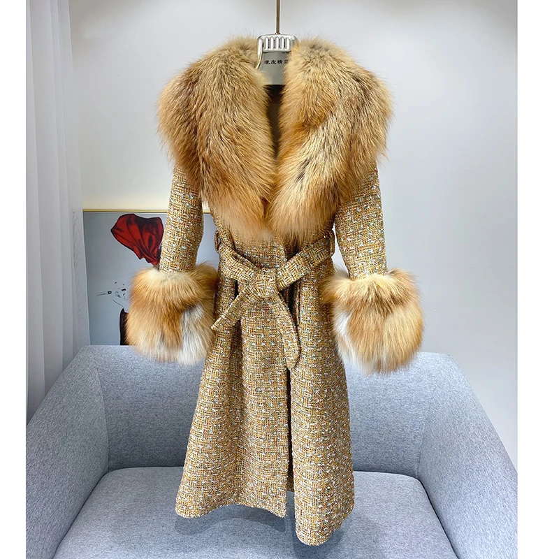 

2021 New Real Fox Fur Coats for Women Winter Trendy Whole Skin Genuine Fox Fur Collar Jacket Woman Cashmere Natural Fur Coat