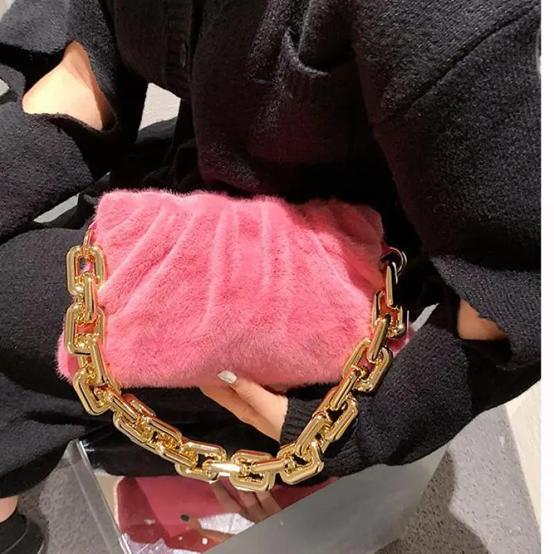 

Lnv Women's Bag Thick Chain Faux Fur Underarm Bag Pink White Vintage Bolsa Feminina 2021 New Faux Fur Luxury Designer Handbags
