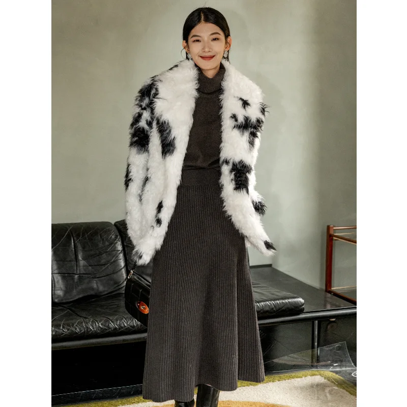 

Womens Loose Fit Cardigan Coat Long-Sleeve Lapel Office Lady Print Fur Coat