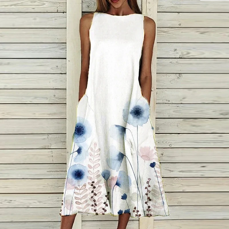 

Women Floral Print Sleeveless Long Dress Retro Summer Casual Loose O-Neck Pocket Tank Dress Elegant Female A-Line Party Dresses
