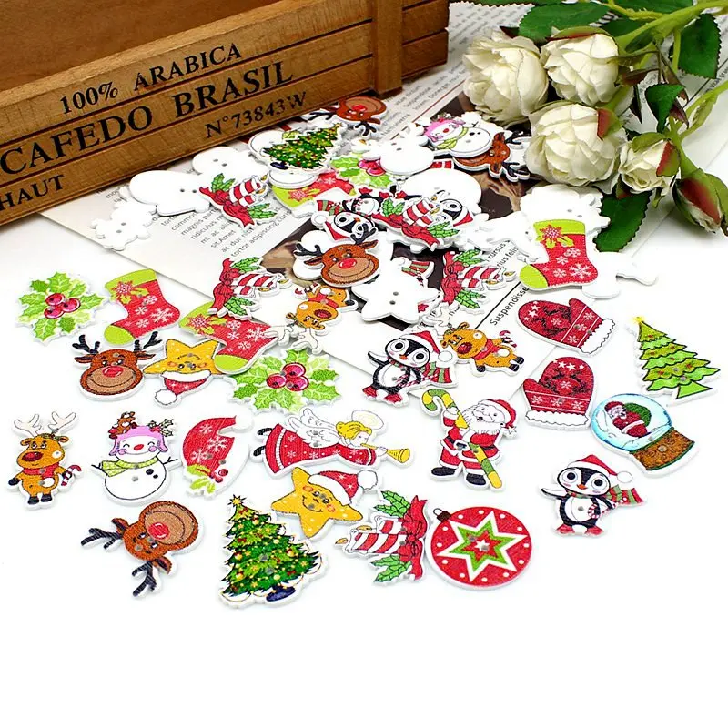 

50 шт./лот новые рождественские пуговицы деревянные пуговицы для шитья скрапбукинга аксессуары для рукоделия Рождественская форма с принто...