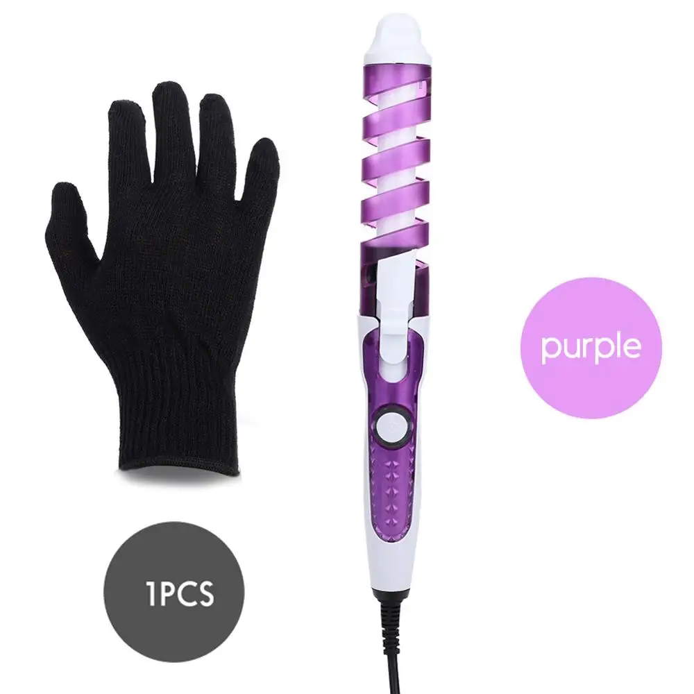 Purple With Glove Portable Hair Curler Roller Spiral Curling Iron Salon Electric Hair Curler Beauty Curling Wand Professional Hair Styler Beauty S - Цвет: Purple With Glove