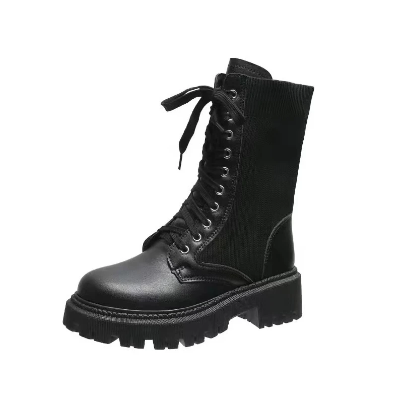 

Woman Ankle Boots Autumn Winter Platform Chunky Goth PU Leather Lace Up Socks Shoes Fashion Casual Martin Boots Zapatos Mujer