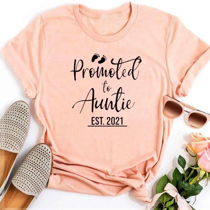 

Promoted To Auntie Est 2021 Shirt Mother's Day New Aunt Shirts Baby Shower Tee Funny Pregnancy Reveal Tshirt Women Aesthetic XL
