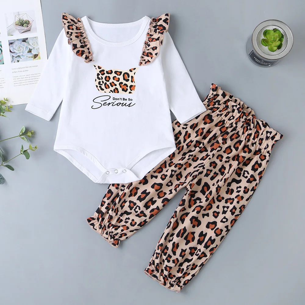 

Autumn 2021 New Arrivals Girls Casual Cute Long Sleeve White O Neck Print Leopard Print Trousers Suit 3-18M