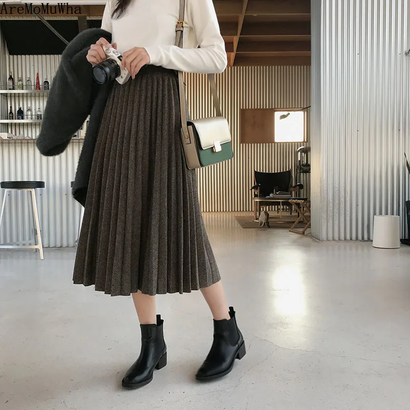 

Плиссированная шерстяная юбка средней длины с завышенной талией, новинка сезона осень 2021 года, Женская стильная трапециевидная юбка с тонк...