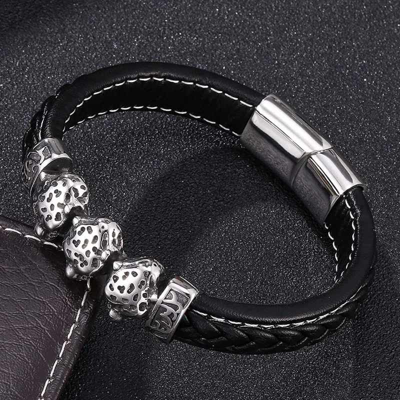 Personality Stainless Steel Leopard Head Accessories Black Leather Bracelets Men Woven Bracelet For Birthday Jewelry Gift PD0193 | Украшения