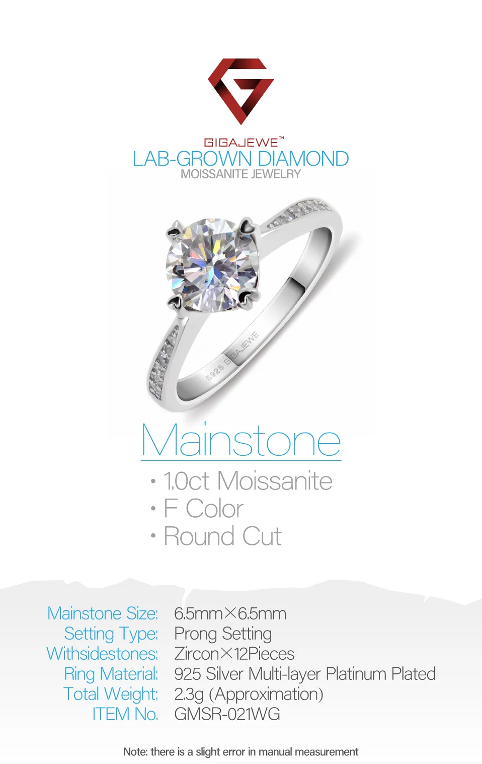 GIGAJEWE Moissanite кольцо 1.0ct VVS1 круглой огранки F цвет Лаборатория алмаз 925 серебряные ювелирные изделия символ любви женщина подружка Ухаживание подарок