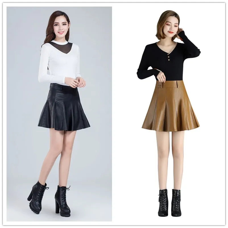 Мини-юбка плиссированная из ПУ кожи Осень-зима Элегантная короткая