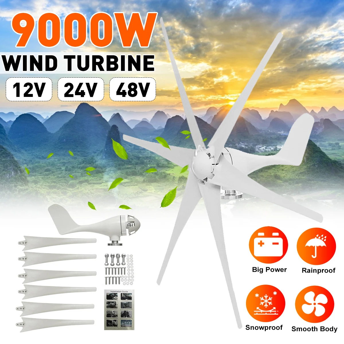9000W 12V/24V/48V 6 покрыт нейлоновым волокном лопасти ветровой турбины генератора