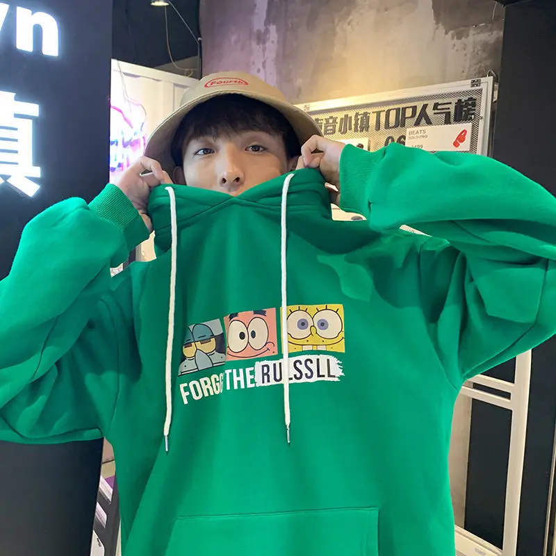 

Autumn new couples sports leisure clothes men loose hooded sleeve head plus velvet student youth sweater