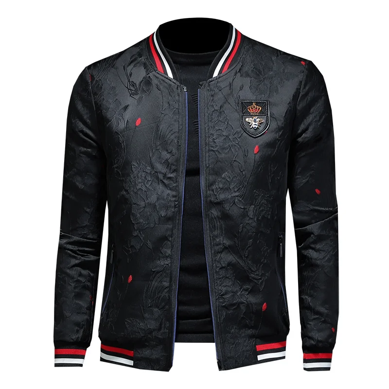 

Jacquard Black Bomber Jacket Men Embroidered Slim Fit Coats 2020 Autumn Vintage Business Floral Jacket Coat Brand Streetwear