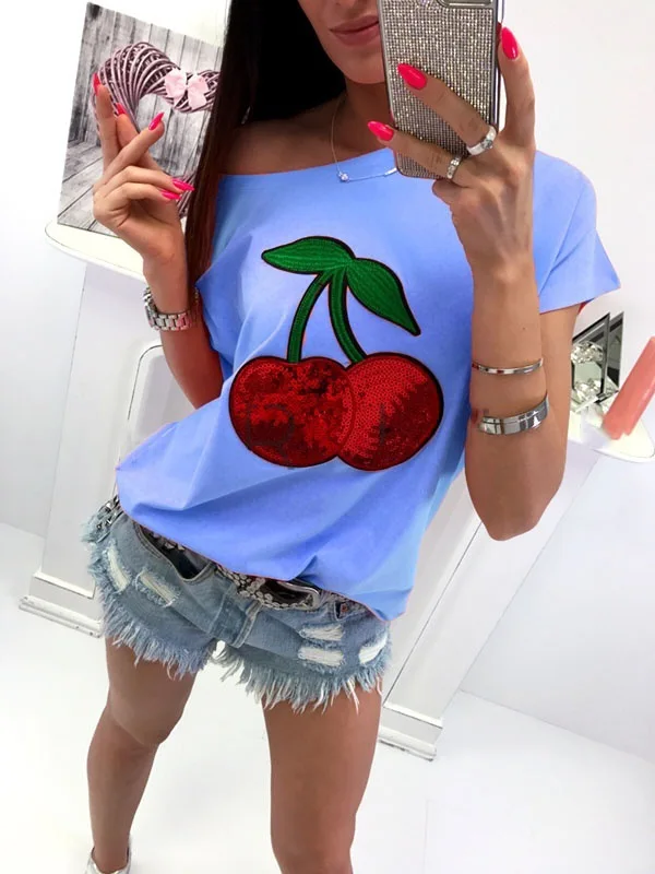 

Sheath Slim New Female Hot Sale Short Sleeve T-shirt Sexy Cherry Print Slash Neck Sequined Woman T-shirt