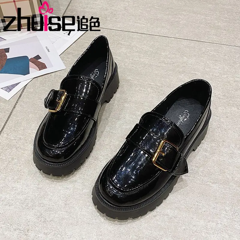 

Thick-soled loafers women's autumn 2021 new retro British small leather shoes belt buckle soft leather round toe shoes JK shoes