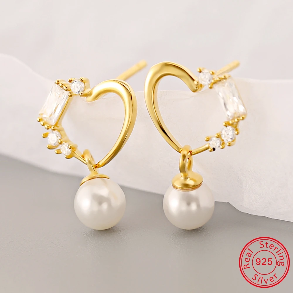 

ZS 925 Silver Heart Shape Pearl Dangle Earring Women Girls Gold Color Drop Earring Female Cute Hang Earring Ear Piercing Jewelry