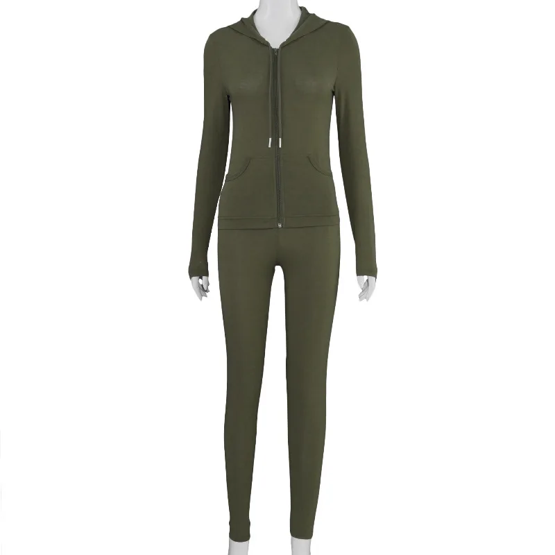 

2021 Spring Two Piece Set Women Long Sleeve Hooded Zipper Pocket Sporty Jackets Cardigan Matching Sets Workout Stretchy Outfits