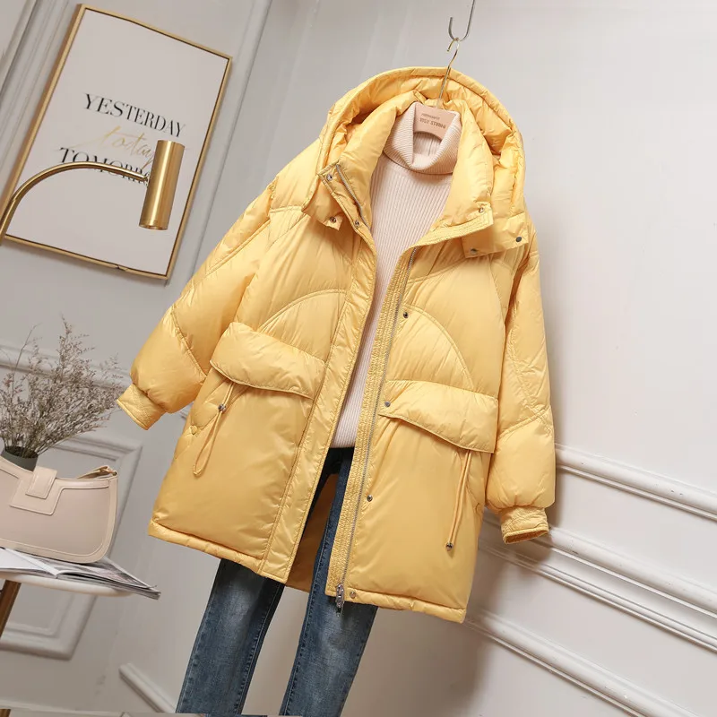 

Winter New Korean White Duck Down Coats Women Fashion Thickened Hooded Puffer Jackets Warm Female Solid Color Loose Outwear