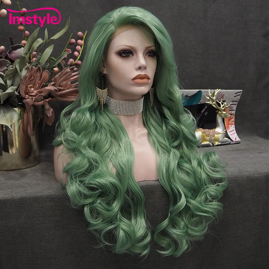 Imstyle Green Wig Long Synthetic Lace Front Heat Resistant Fiber Natural Wavy Glueless Wigs For Women Cosplay | Шиньоны и парики