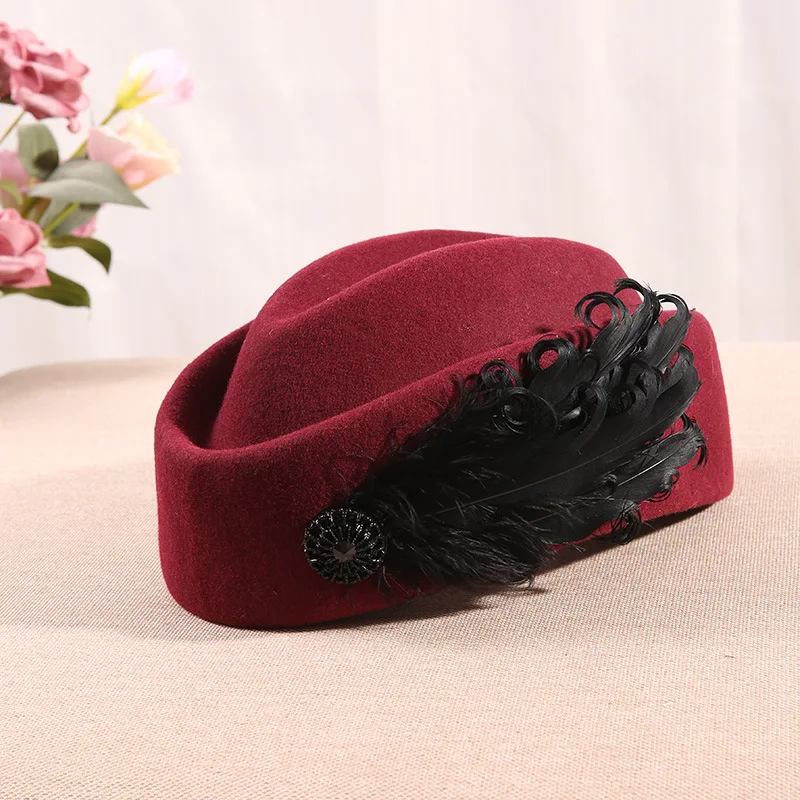 Women Elegant Feather Fascinator Hat Cocktail Beret Cap Lady Wedding Party Church Hair Accessories Wool Felt Pillbox | Аксессуары для
