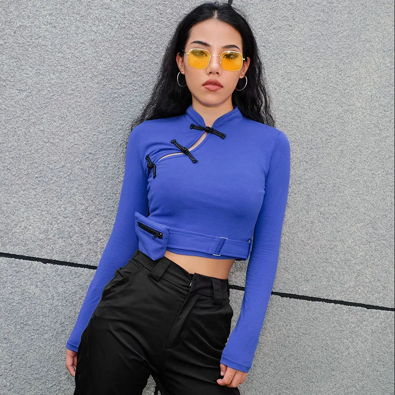 Женские пикантные рубашки в китайском стиле однотонные короткие женские